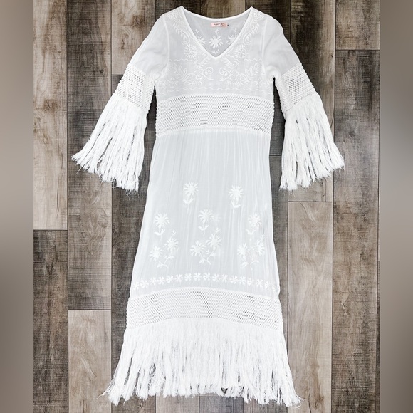 White fringe sheer kimono maxi dress - Picture 1 of 6